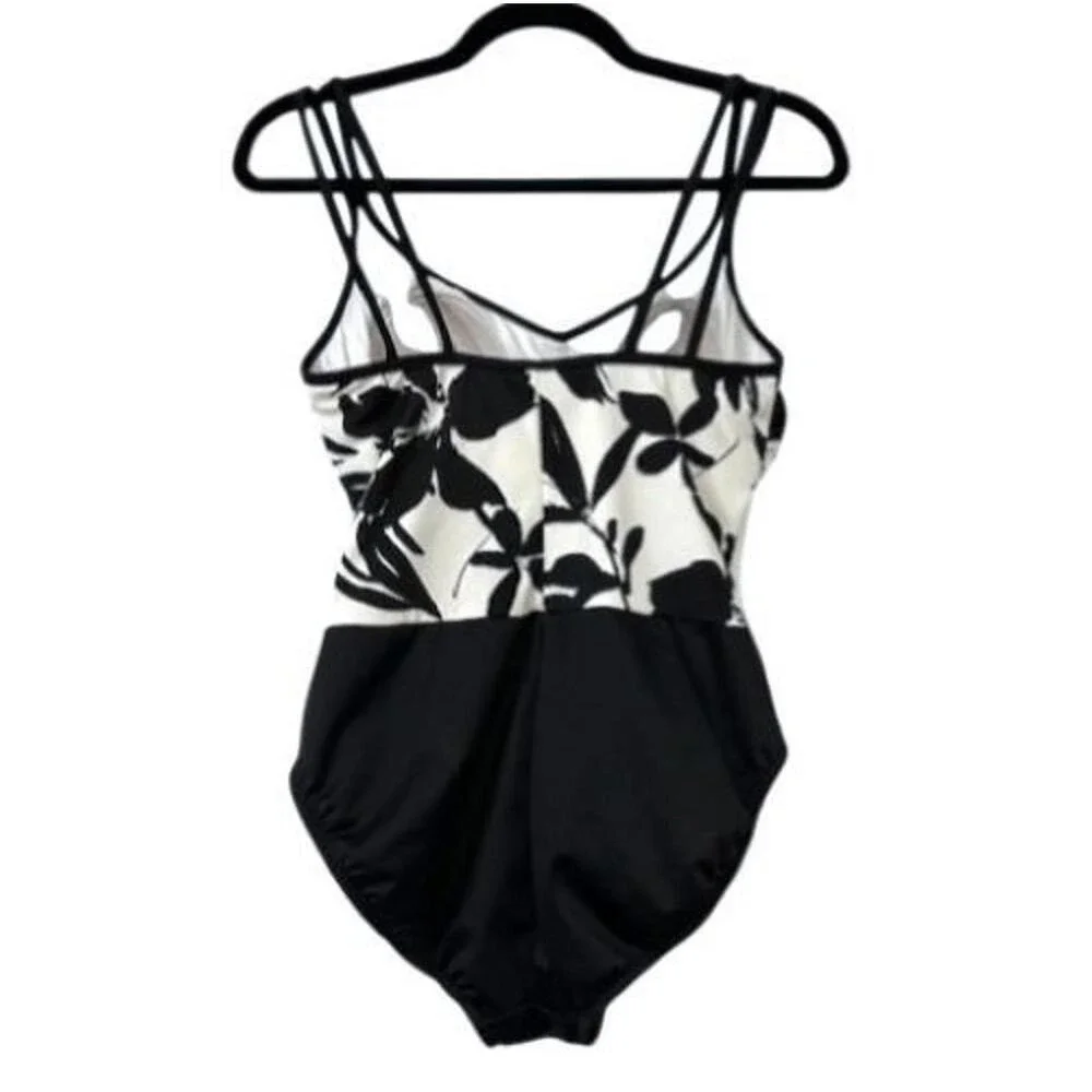Swimslimmer Black/White Floral One-Piece Bathing‎ Suit 10 Tummy Control